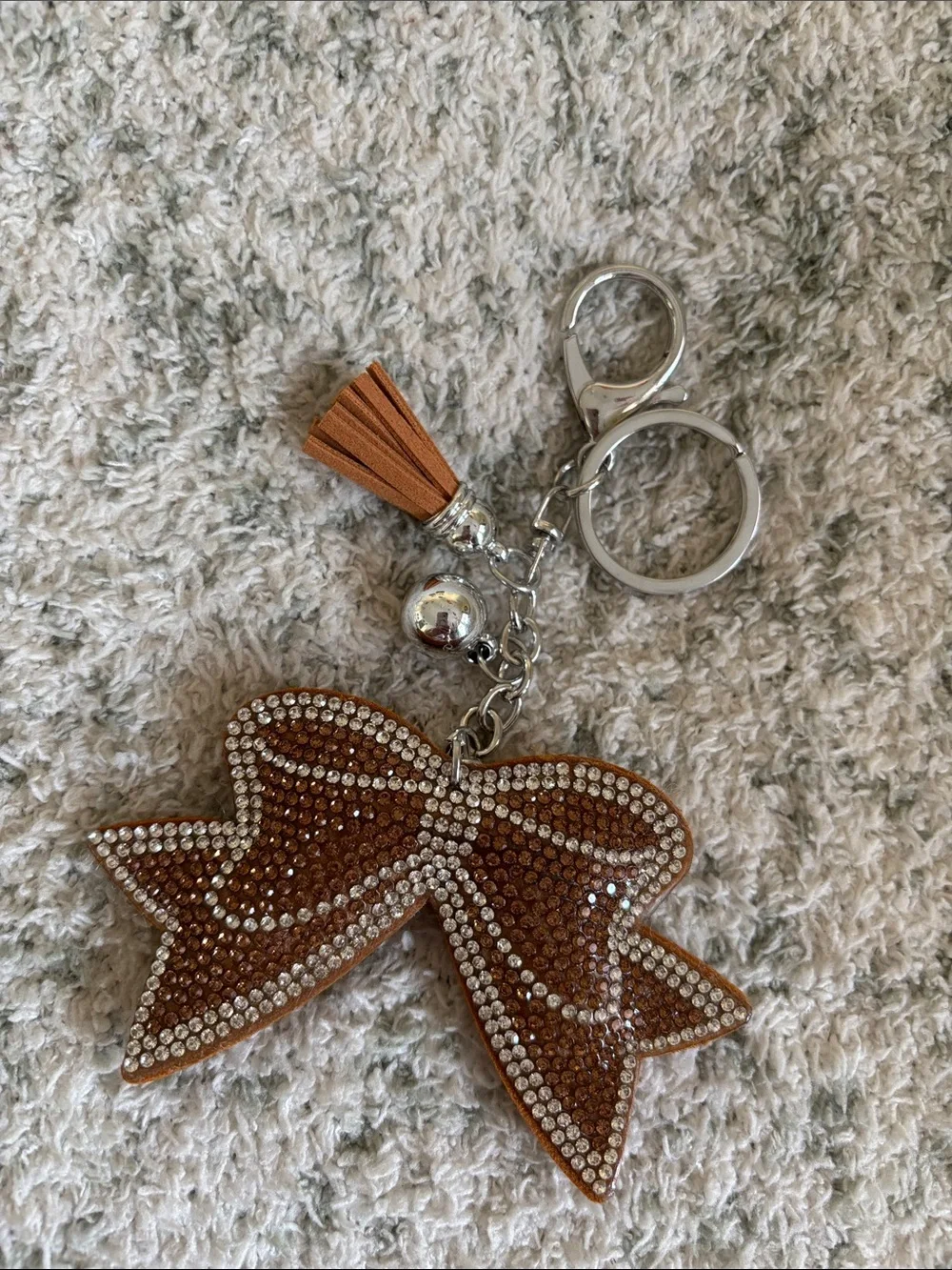 Western Rhinestone Bow Keychain with Tassel - Brown NWT 6”